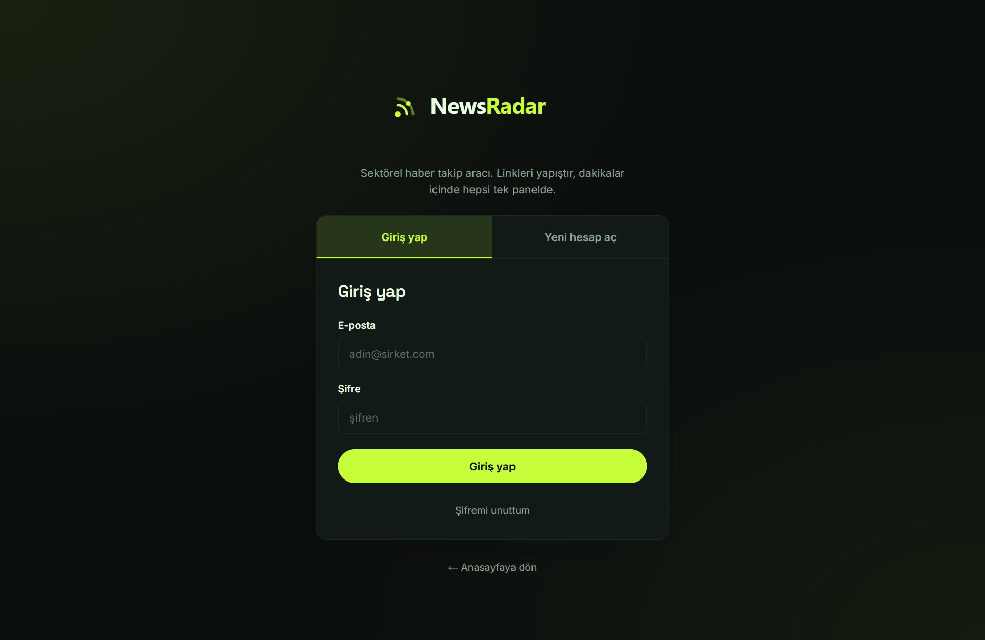 NewsRadar kayıt ekranı