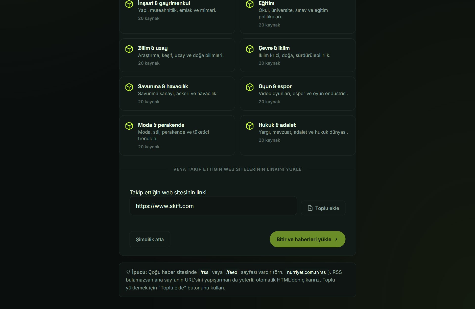Sektör paketi seçimi ve takip edilen sitelerin linkini yükleme